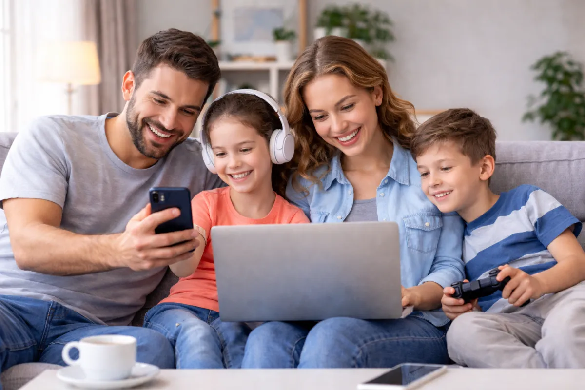 Children using tablets and smartphones connected to WiFi in a residence